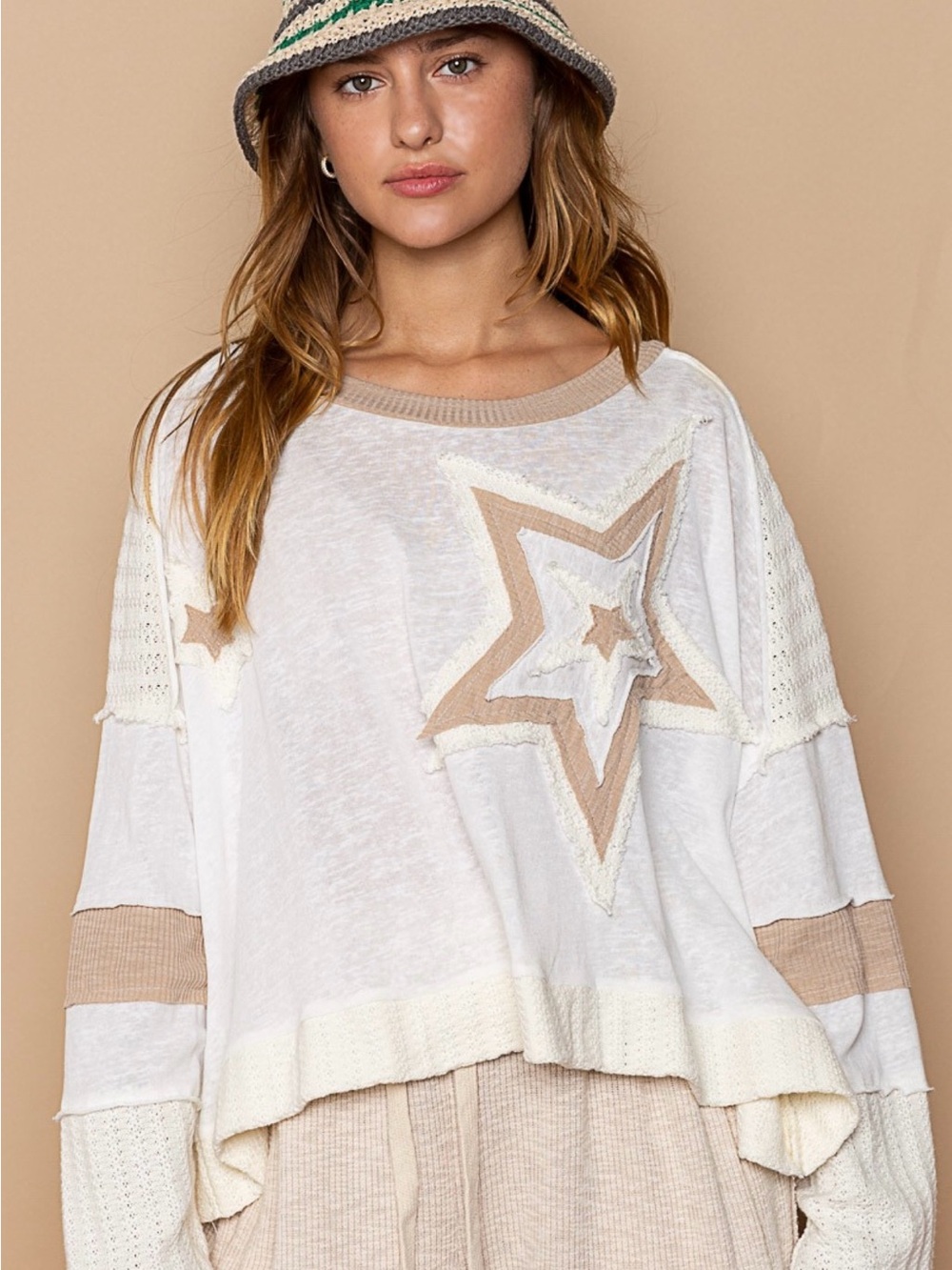 POL Star Patch Long Sleeve Knit Top Ivory